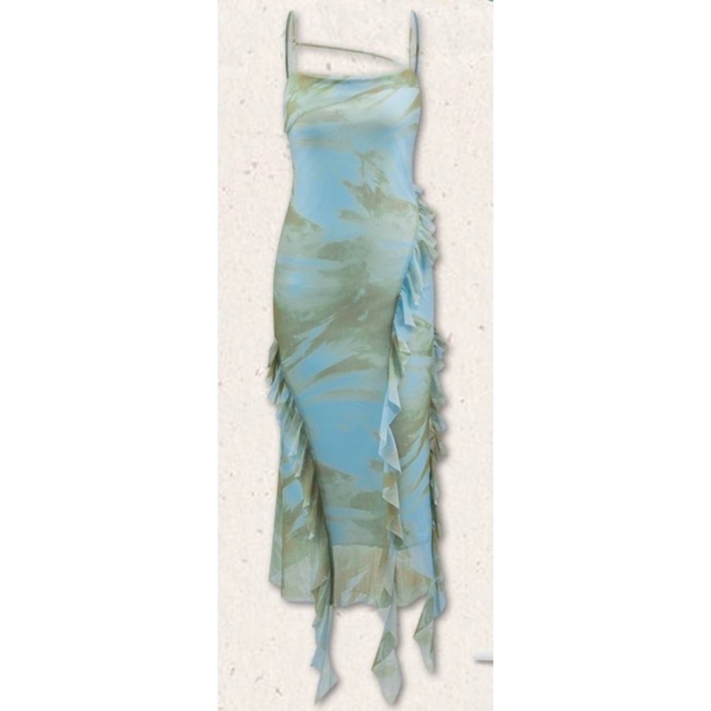 Tie Dye Strappy Mesh Ruffle Maxi Dress